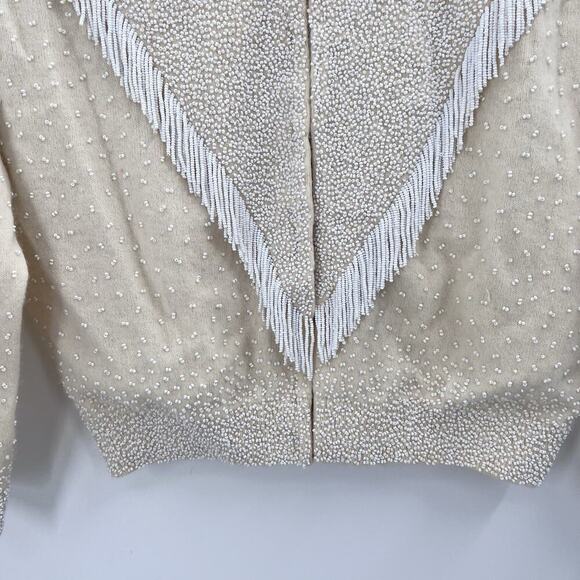 Vintage Gene Shelly's Cream Beaded Fringe Cardigan Sweater Womens Medium - Picture 5 of 16